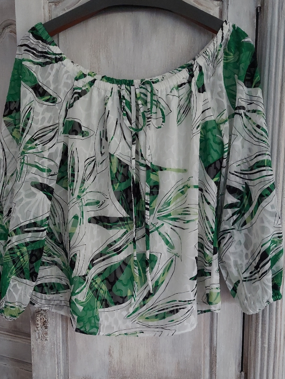 White House Black Market Green, White and Black Leaf-Print Off-Shoulder Top